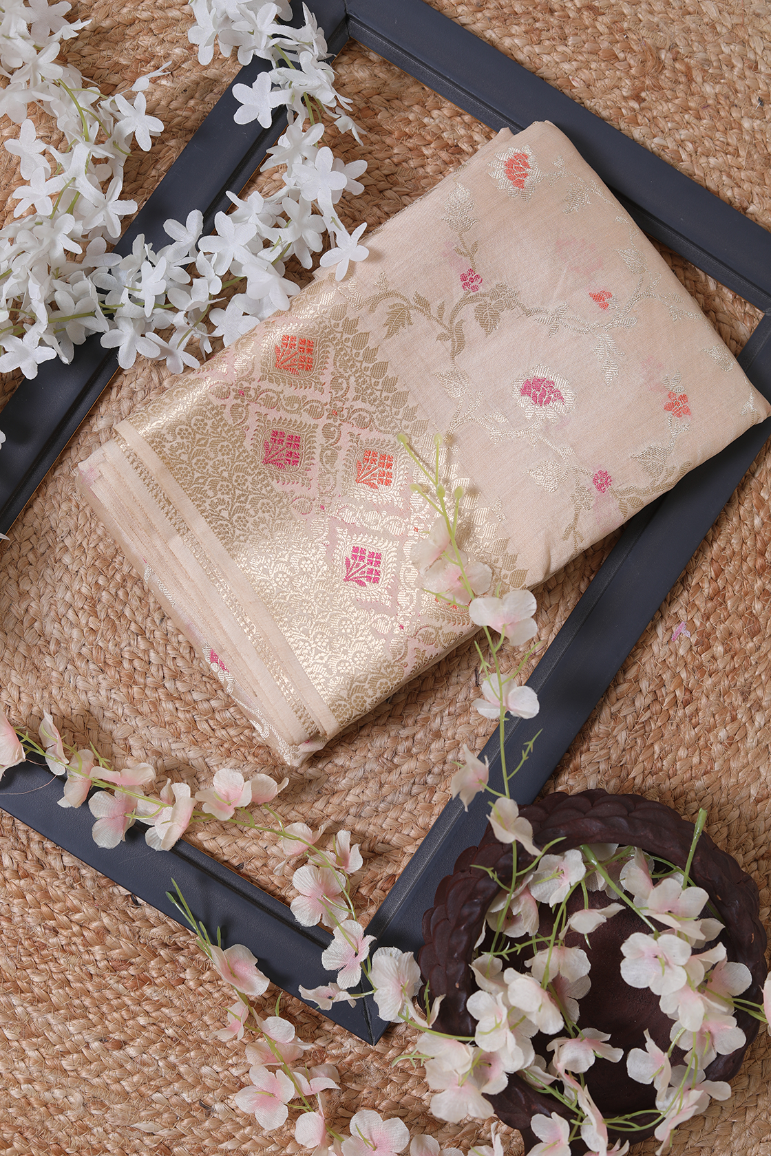 Cream Meena Border Spun Silk Saree – Timeless Elegance