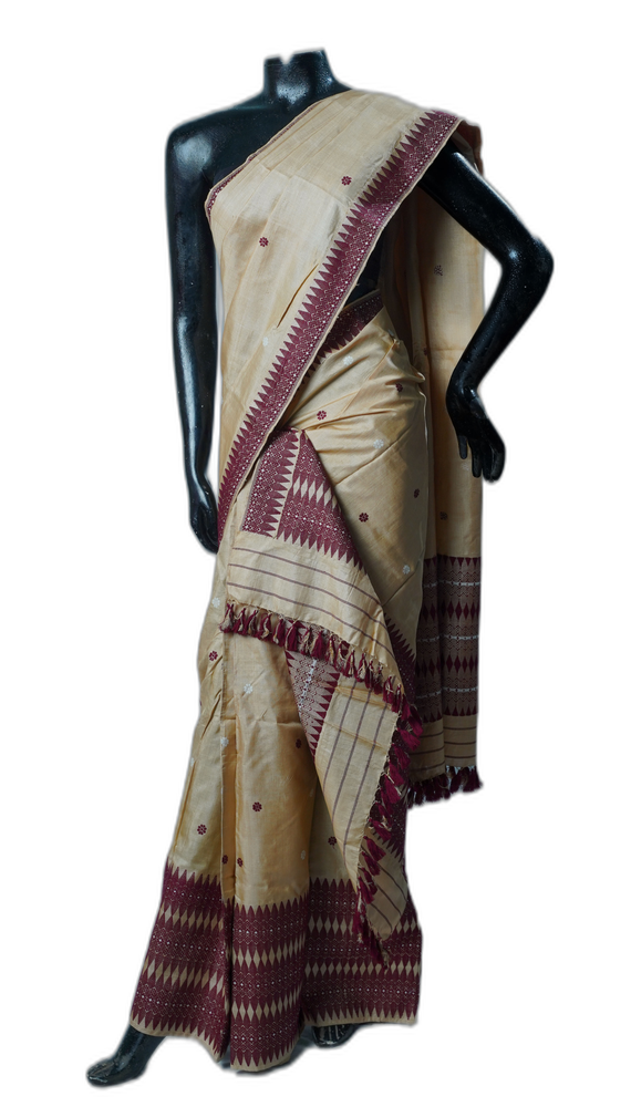 Assam Silk Toss-Paat Saree – Cream and Maroon