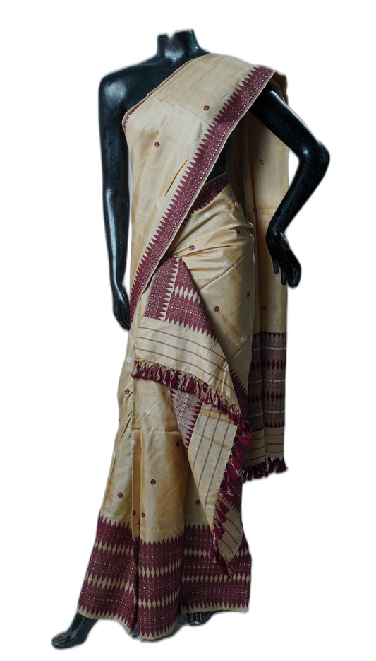 Assam Silk Toss-Paat Saree – Cream and Maroon