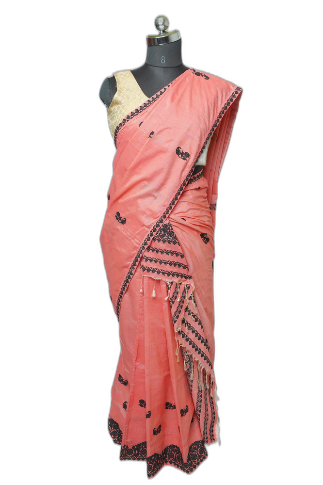 Coral Pink Toss Cotton Sador Mekhela