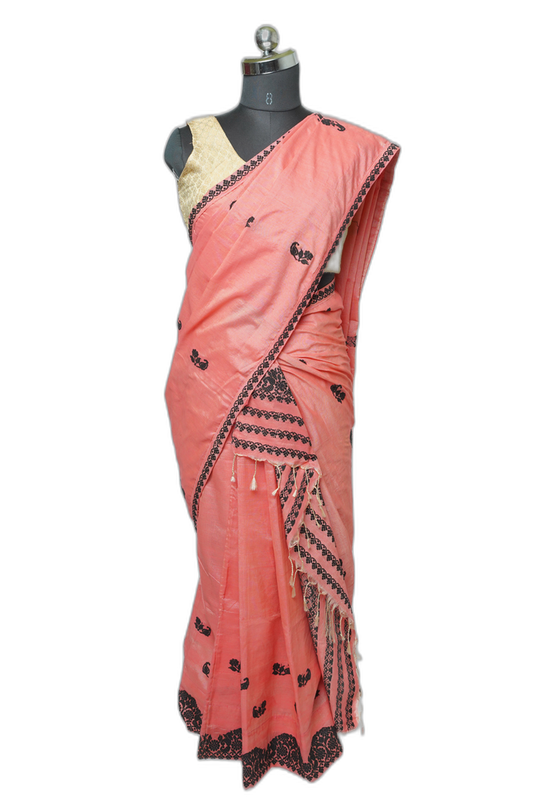 Coral Pink Toss Cotton Sador Mekhela