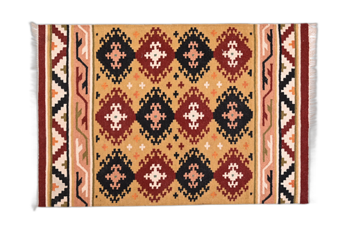 Varanasi Woolen Carpet – Yellow with Red & Multicolor Patterns