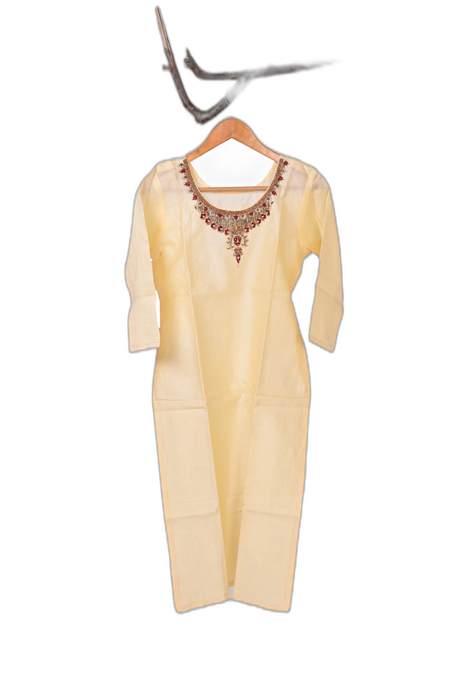 Hand Embroidered Kurti – White with Orange-Yellow Detailing