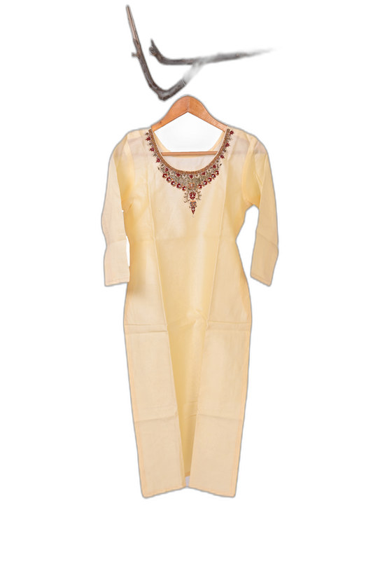 Hand Embroidered Kurti – White with Orange-Yellow Detailing