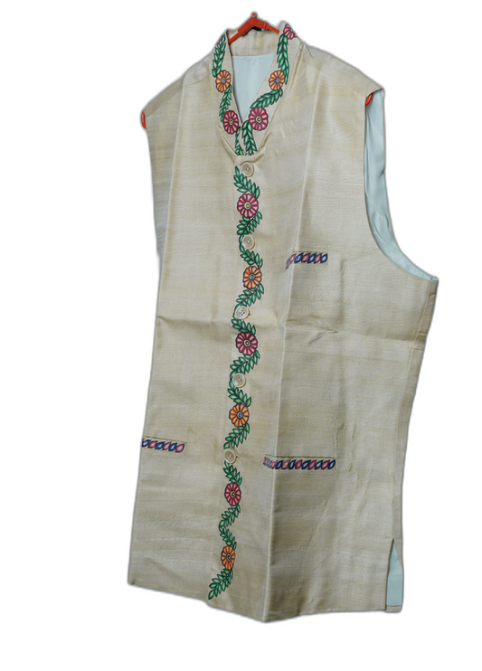 Handloom Eri Waistcoat with Muga Silk Embroidery – Khadi